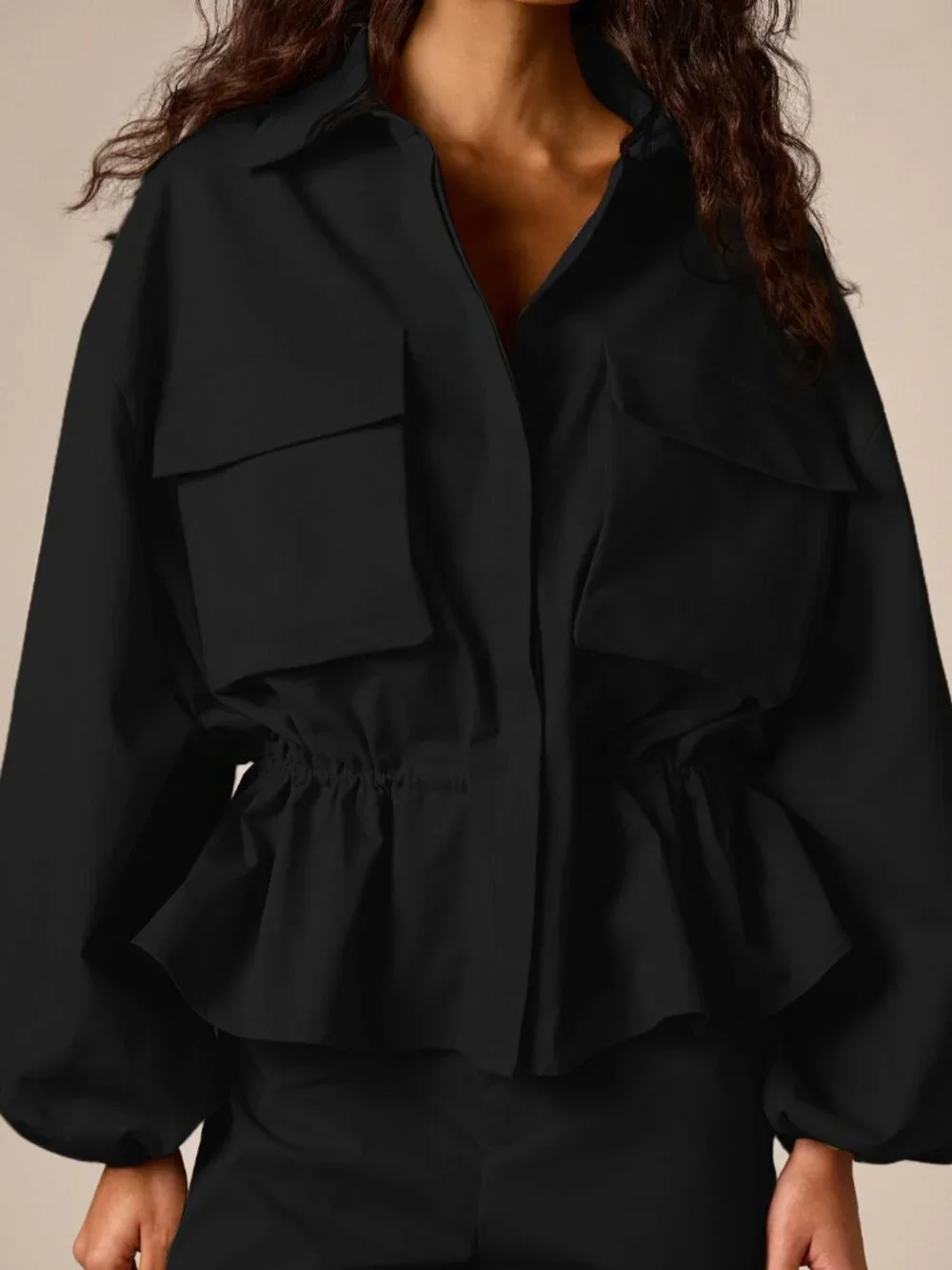Black Casual Women's Oversized Peplum Shirt with Balloon Sleeves Cargo Pockets